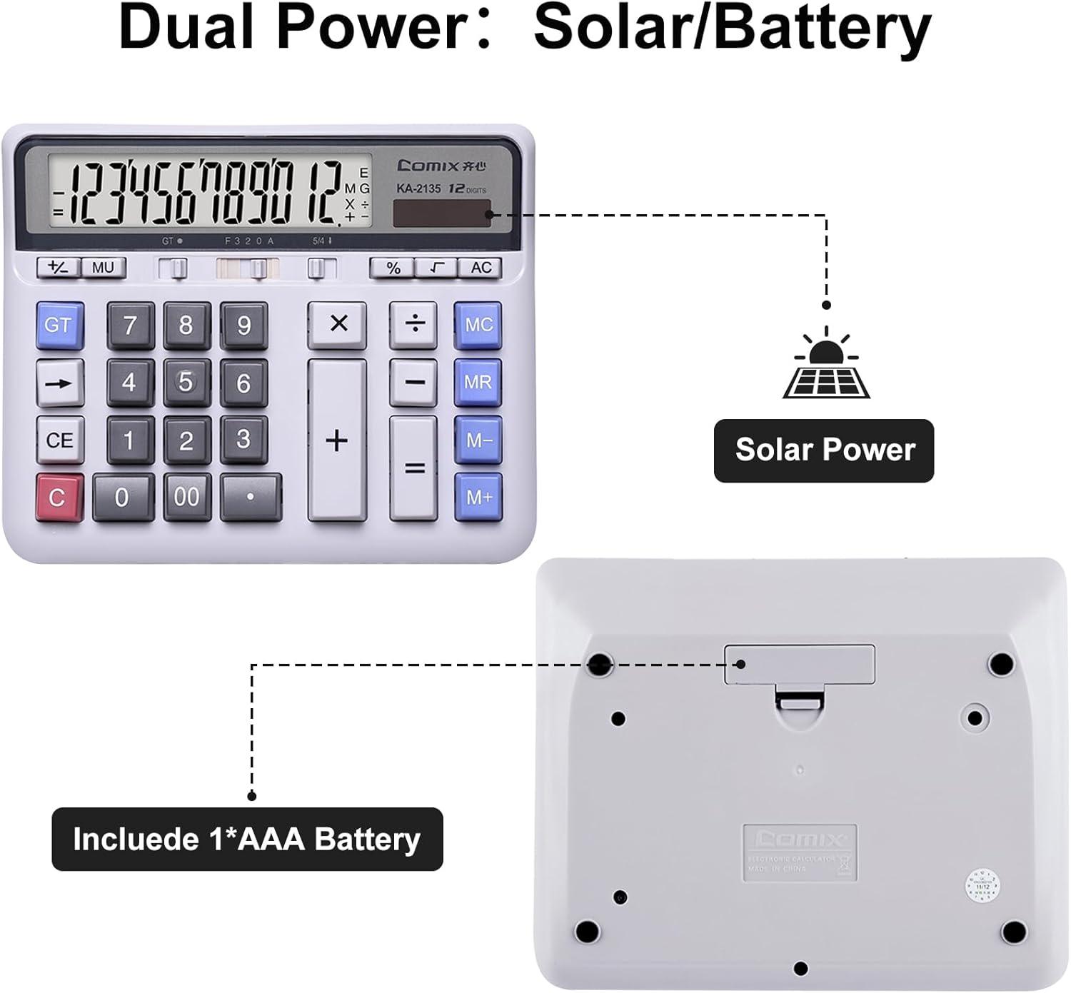 imageComix Desktop Calculator Solar Battery Dual Power with 12Digit Large LCD Display and Large Computer Keys Standard Function Calculator for Home Office School WhiteWhite