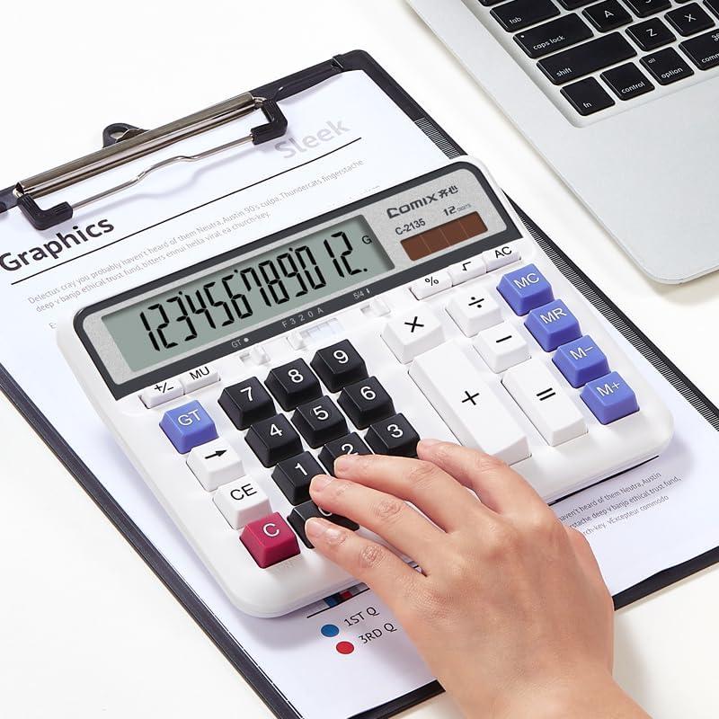 imageComix Desktop Calculator Solar Battery Dual Power with 12Digit Large LCD Display and Large Computer Keys Standard Function Calculator for Home Office School WhiteWhite