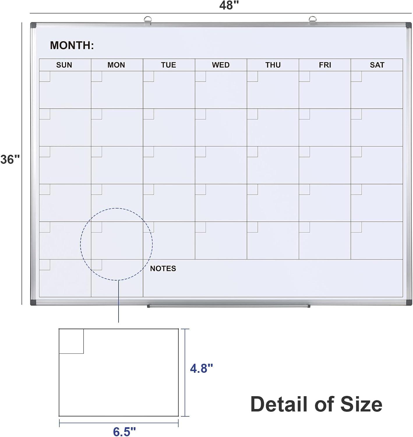 imageComix Magnetic Dry Erase Calendar Whiteboard 24 x 18 Inches Monthly Calendar Dry Erase Board for Wall Aluminum Frame Planner White Board with Markers Eraser Magnets48 36 inches