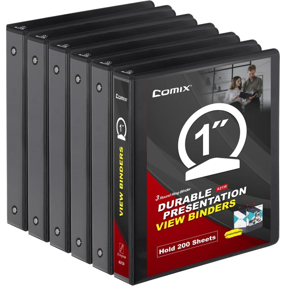 imageCOMIX Sturdy 3 Ring Binder 1 inch with Clear View Cover 1quot Round Ring View Binder PVCFree 200 Sheets Capacity of US Letter Size Paper Office  School Supplies 6 Pack BlackBlack