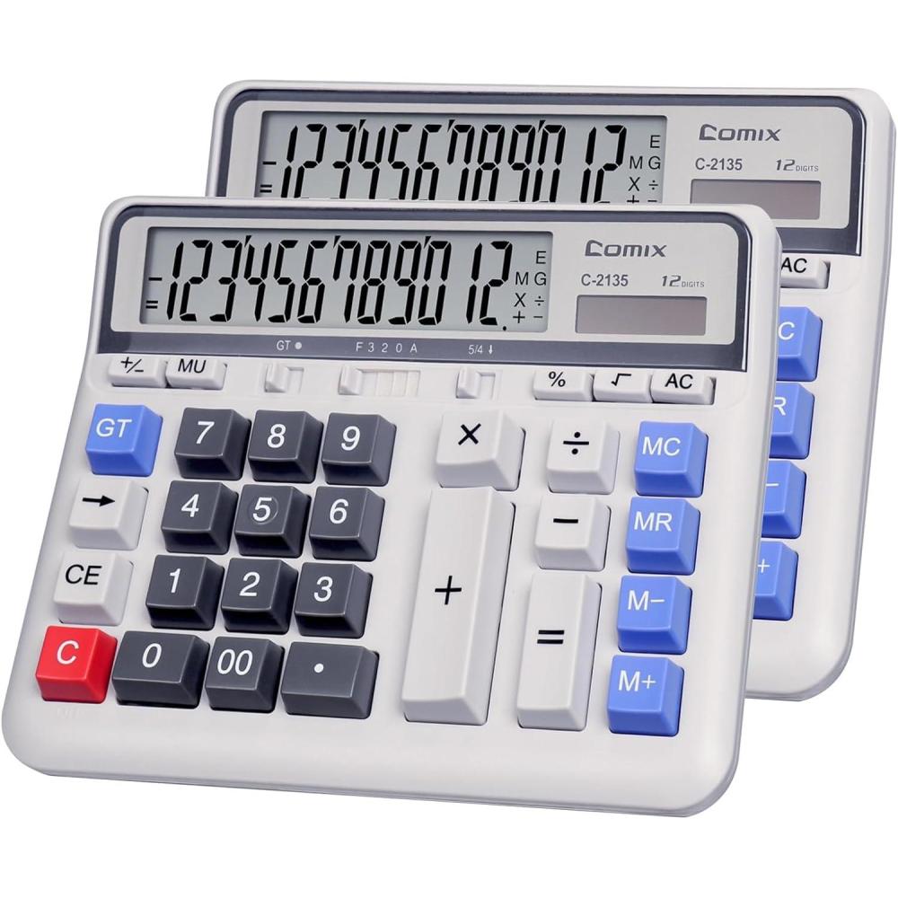 imageComix Desktop Calculator Solar Battery Dual Power with 12Digit Large LCD Display and Large Computer Keys Standard Function Calculator for Home Office School WhiteWhite 2Pack