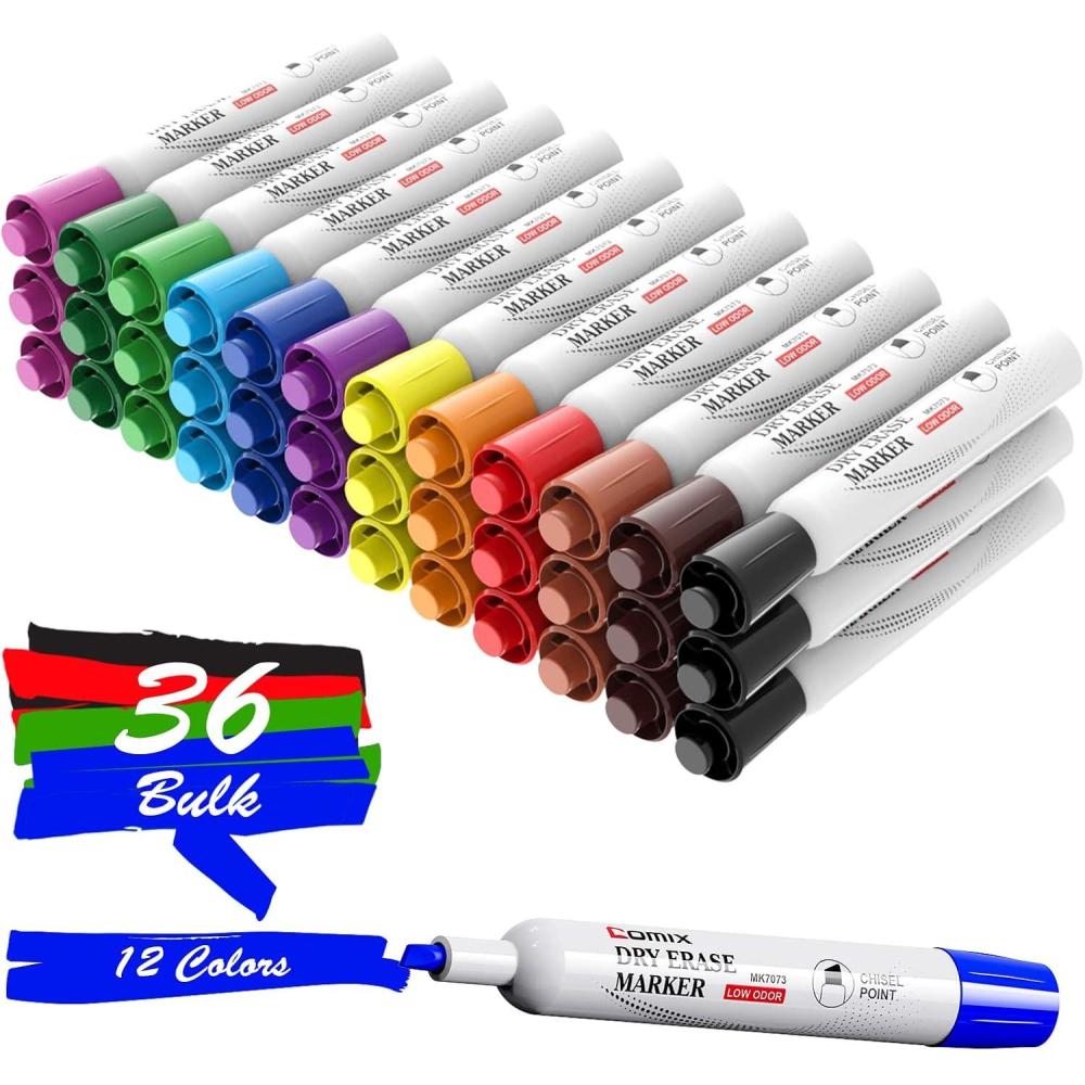 imageComix Dry Erase Markers Chisel Tip Whiteboard Markers 36 Count 4 Assorted Colors Low Odor Markers for Kids Teachers Office ampamp School Supplies36 Count 12 Colors