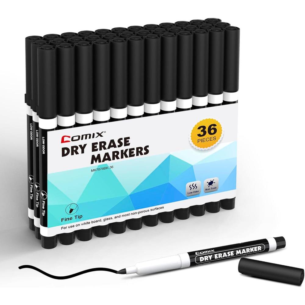 imageComix Fine Tip Dry Erase Markers Low Odor Whiteboard Markers 36 Bulk Black Color Markers for Kids Teachers Office ampamp School Supplies