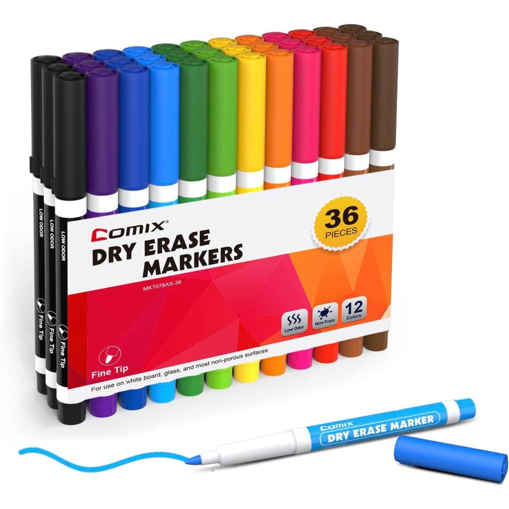 imageComix Low Odor Dry Erase Markers Fine Tip Whiteboard Markers 36 Bulk 12 Assorted Colors Markers for Kids Teachers Office ampamp School Supplies