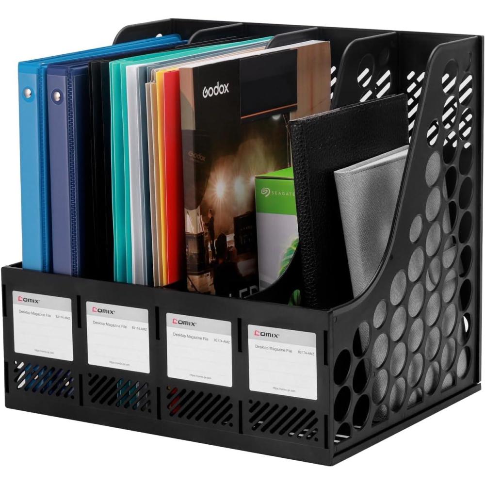 imageComix Magazine File Holder RackVertical Desktop File Organizer Plastic Desk Organizer for Files Folders Books 4 Compartment Binder Organizer BlackBlack