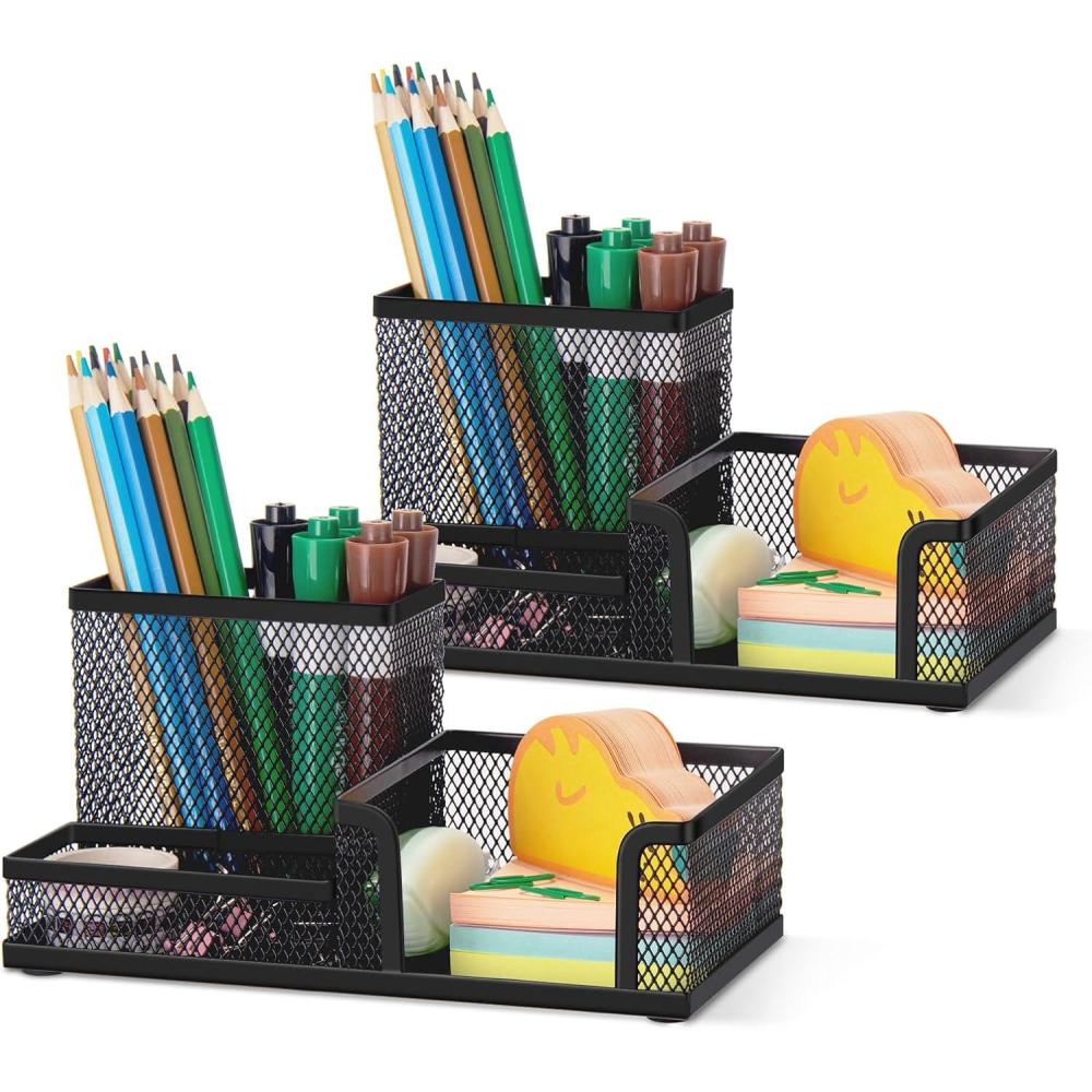 imageComix Mesh Pen Pencil Holder Desk Organizer 7 Compartment Wire Desktop Pen Pencil Cup Caddy Office Supplies for Home Office School Black3 Compartments2pack