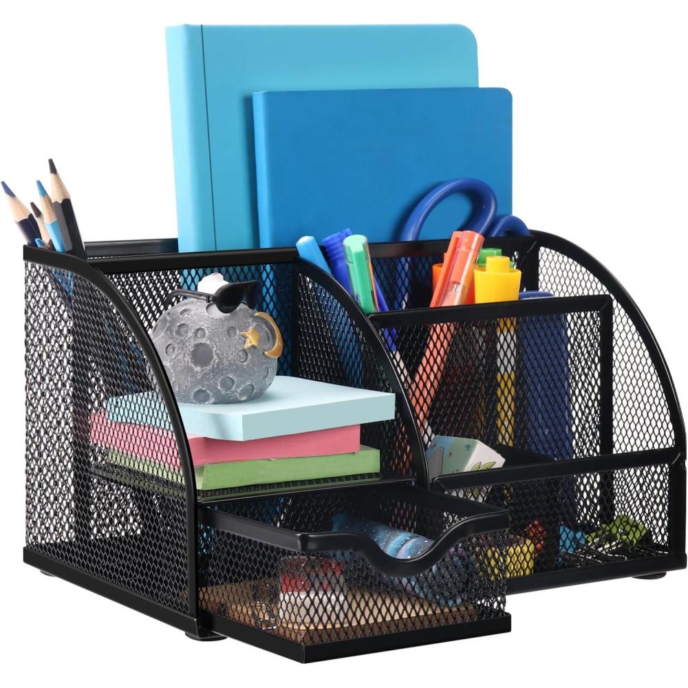 imageComix Mesh Pen Pencil Holder Desk Organizer 7 Compartment Wire Desktop Pen Pencil Cup Caddy Office Supplies for Home Office School Black7 Compartments