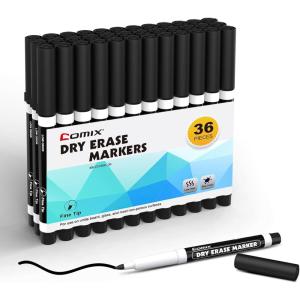 Comix Fine Tip Dry Erase Markers, Low Odor Whiteboard Markers, 36 Bulk Black Color Markers for Kids Teachers Office & School Supplies