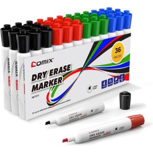 Comix Low Odor Dry Erase Markers, 36 Bulk Black Color Whiteboard Markers, Chisel Tip Thick Markers for Kids Teachers(36 Count 4 Colors)