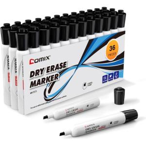 Comix Low Odor Dry Erase Markers, 36 Bulk Black Color Whiteboard Markers, Chisel Tip Thick Markers for Kids Teachers(36 Count Black Color)