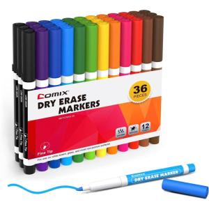 Comix Low Odor Dry Erase Markers, Fine Tip Whiteboard Markers, 36 Bulk 12 Assorted Colors Markers for Kids Teachers Office & School Supplies