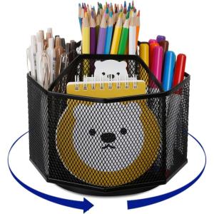 Comix 360° Rotating Pen Holder for Desk, 5 Compartments Office Desk Organizer, Black Mesh Metal Pencil Holder Cup for Office Home School(B2052)