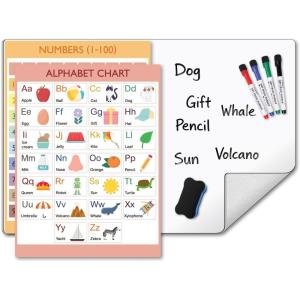 COMIX Whiteboard Dry Erase, 26″ x 17″ Adhesive Whiteboard for Wall with Magnetic Alphabet Chart, 1-100 Number Chart, Educational Charts Set for Preschool Student Kids Home Classroom Teaching(Alphabet+number Table)
