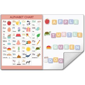 COMIX Whiteboard Dry Erase, 26″ x 17″ Adhesive Whiteboard for Wall with Magnetic Alphabet Chart, Graphic Magnet, Educational Charts Set for Preschool Student Kids Home Classroom Teaching(Alphabet+pattern Magnet)