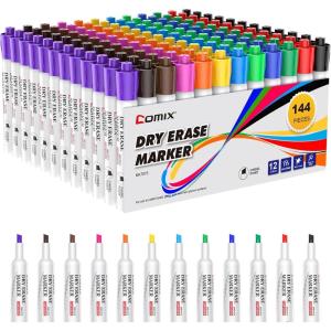 Comix Dry Erase Markers, 12 Assorted Colors, 4 Sets of 36 Markers, 144 Markers Total, Chisel Tip Whiteboard Makrers for Teachers Office & School Supplies