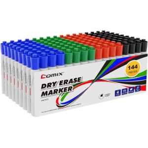Comix Dry Erase Markers, Black Color, 4 Sets of 36 Markers, 144 Markers Total, Chisel Tip Whiteboard Makrers for Classroom, Teachers, Office, School Supplies(4 Colors)